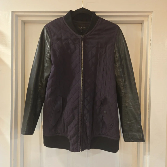 Rag & Bone Eggplant Pacific Quilted Silk & Leather Full Zip Jacket Size Medium - Picture 2 of 13